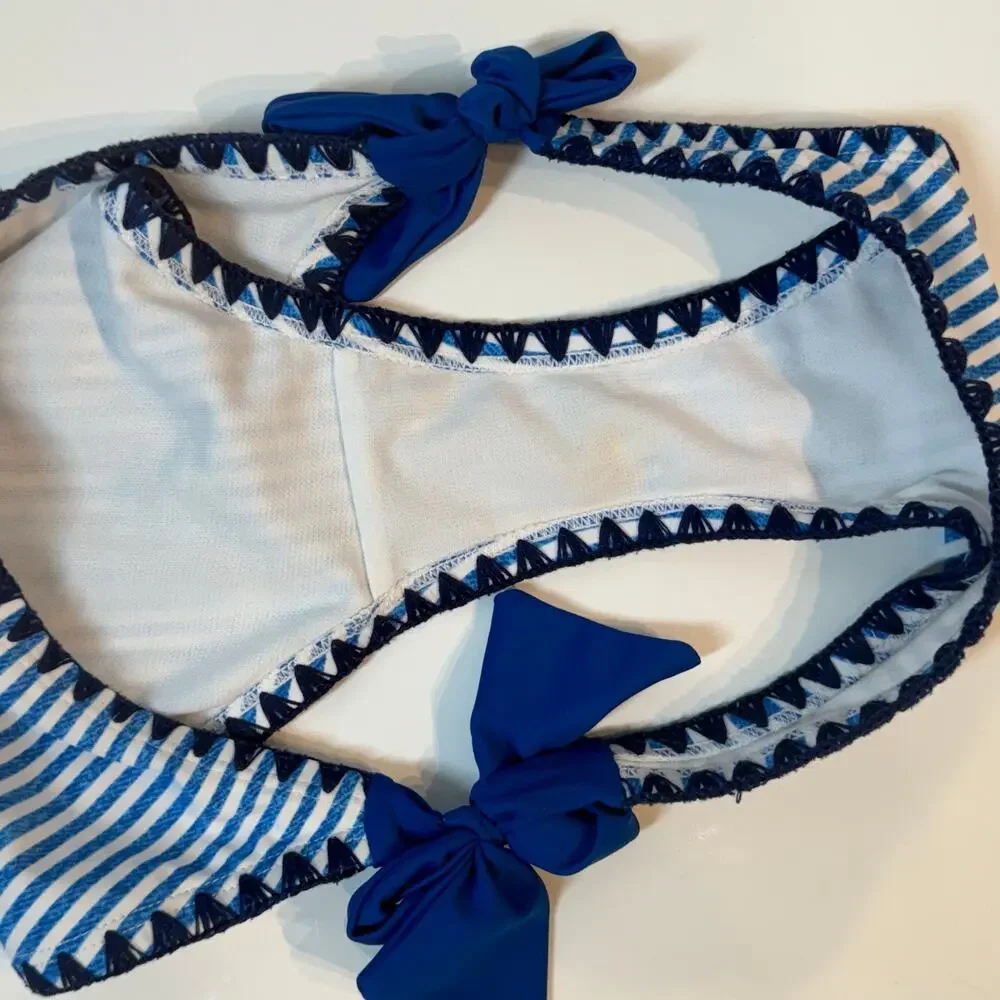 No Boundaries Denim Stripe Bikini Set Blanket Stitch in Blue Small Medium